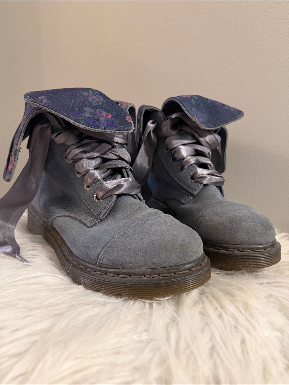 Dr. Martens Blue-Gray Suede Fold-Over Combat Boots with Satin Laces